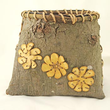 White Pine bark mokok with 3 flower appliqué - 6H x 6W x 4D